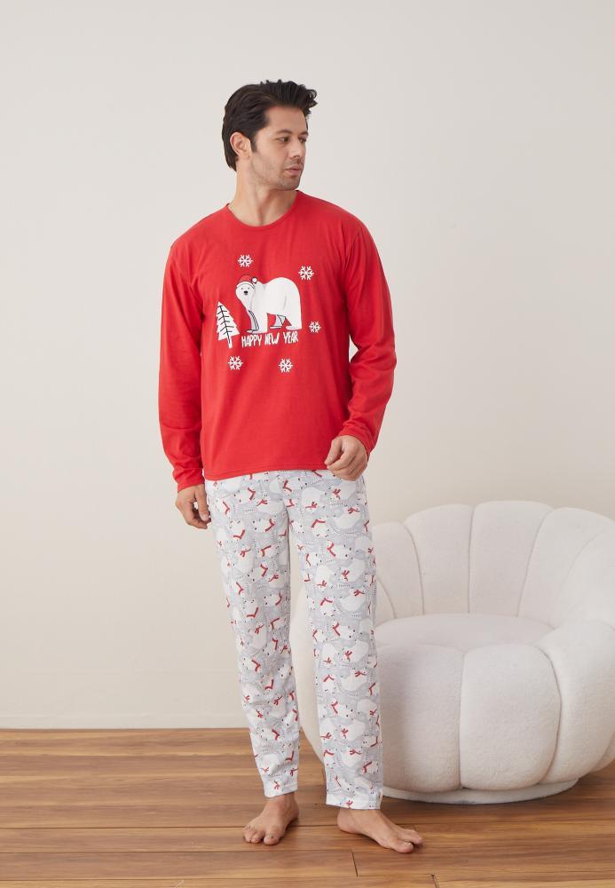 Pijama barbati Craciun "HAPPY NEW YEAR" , maneca lunga ,pantaloni lungi,Culoare Rosu ,Engros